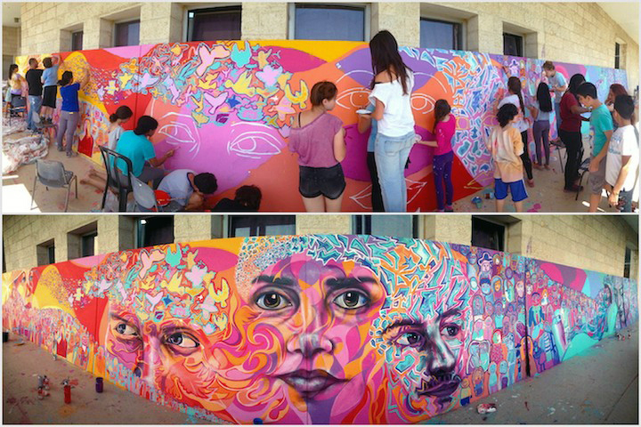 Israeli-and-Palestinian-youth-with-Joel-Bergner-paint-mural