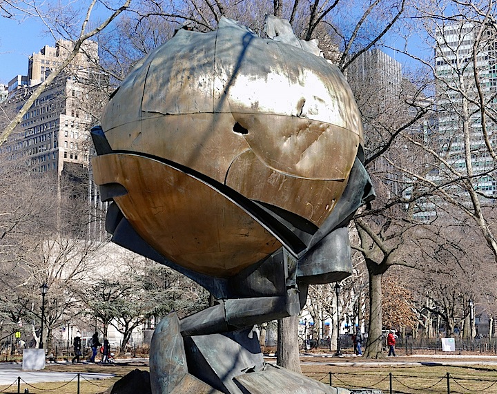 Fritz-Koenig-the-Sphere-metallic sculpture-nyc